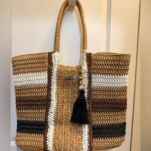 Woven Striped Tote with Tassel Charm - Neutral Brown/Black/White